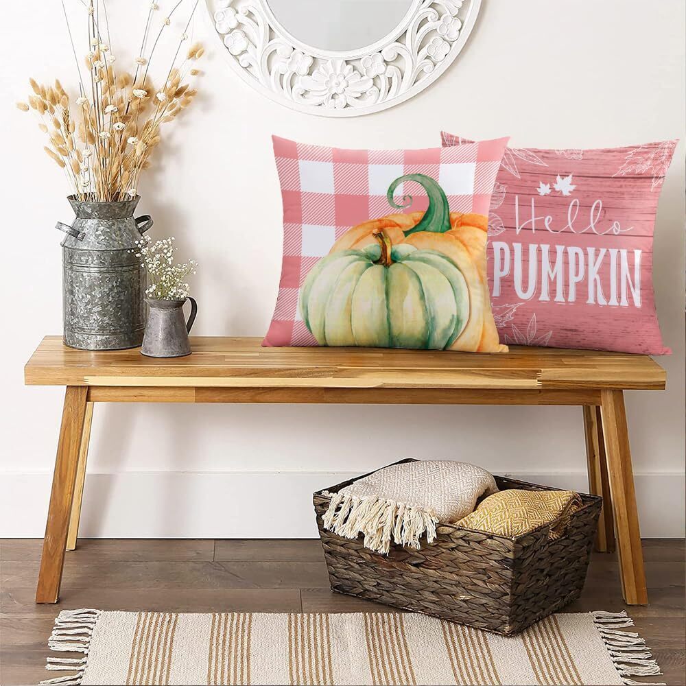 5866 Pink Fall Decorative Throw Pillow Covers Pumpkin Decor 16x16 Set of 4 - Picture 5 of 5